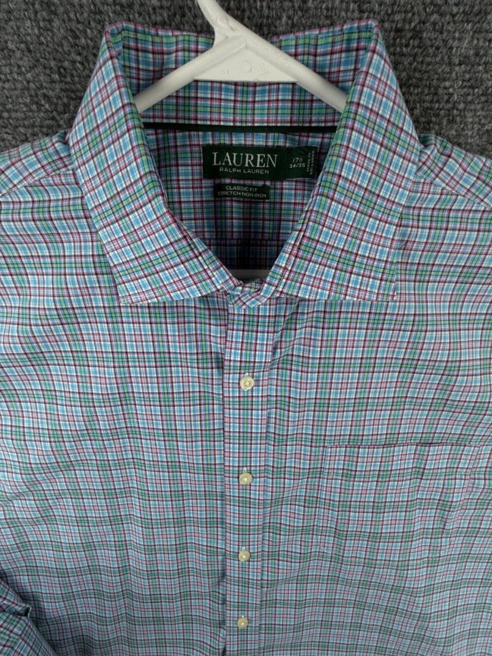 Lauren Ralph Lauren Men Pink Green Plaid Classic Fit Stretch Non Iron 17.5 34/35